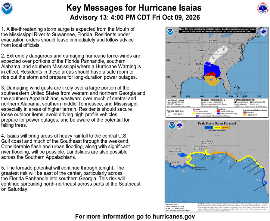 Hurricane Isaias forecast track and key messages in the supplied National Hurricane Center advisory
