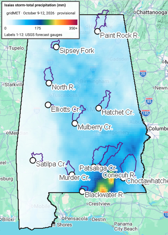 Provisional gridMET storm-total precipitation over Alabama with the forecast gauge locations and CAMELS watershed boundaries